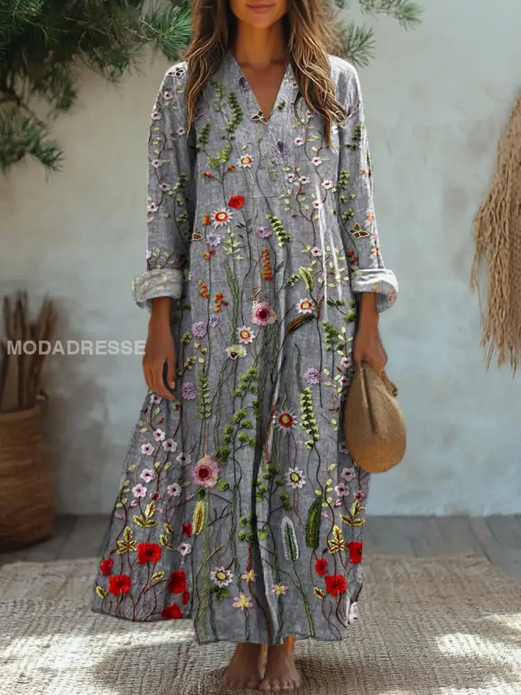 Elegantes Vintage Floral Art Print Midi Kleid mit V-Ausschnitt und lockeren langen Ärmeln