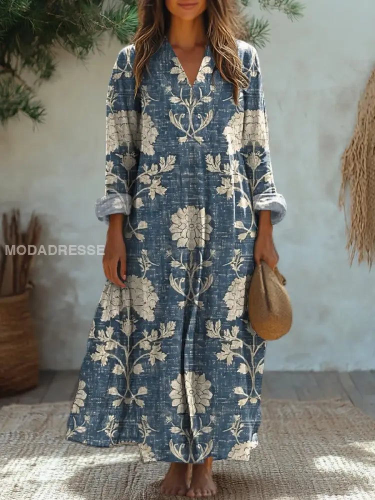 Elegantes Midi Kleid mit V-Ausschnitt und Vintage Floral Druck – Lockere Lange Ärmel