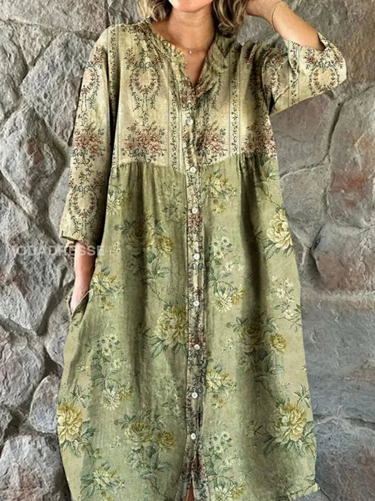 Chic Vintage Bohemian Floral Print Midi Dress with V-Neck and Three-Quarter Sleeves