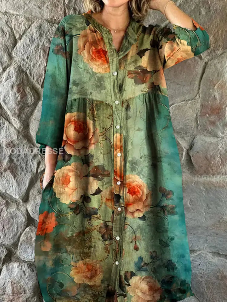Vintage Bohemian Floral Print Chic V-Ausschnitt Drei-Viertel-Ärmel Knopf Elegantes Midi-Kleid