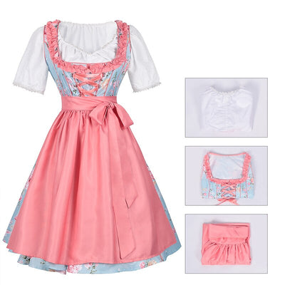 Oktoberfest Embroidered Dirndl Dress with Checkered Apron and Blouse