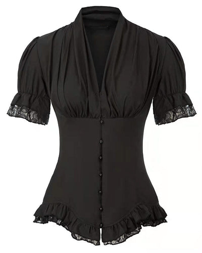 Victorian Pleated Shirt Lace Up Work Blouse