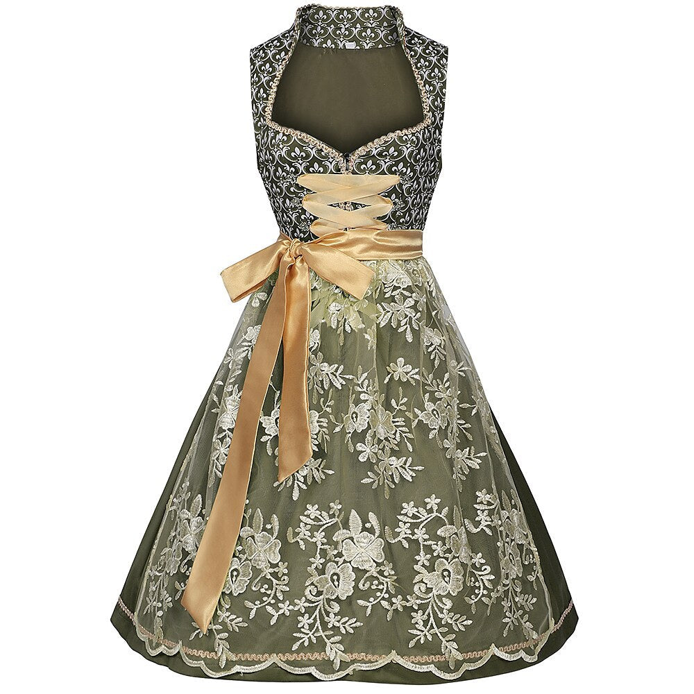 Oktoberfest Green Embroidered Dirndl Dress with Apron