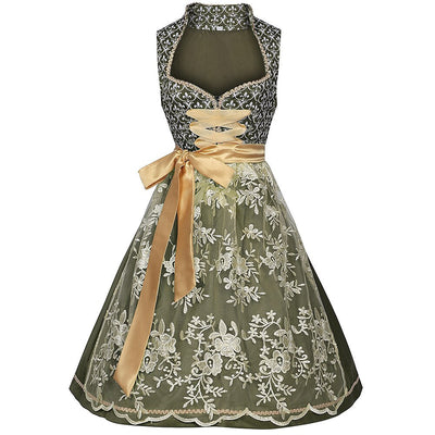 Oktoberfest Green Embroidered Dirndl Dress with Apron