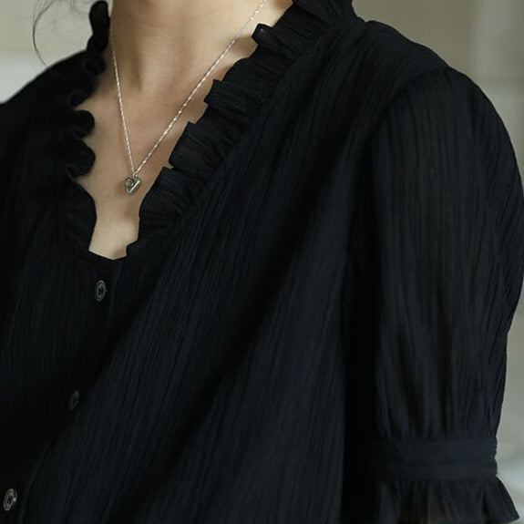 Vintage Black Ruffle V-Neck Cotton Linen Blend Blouse