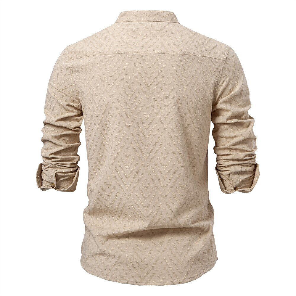 Medieval Style Textured Band Collar Tunic Shirt