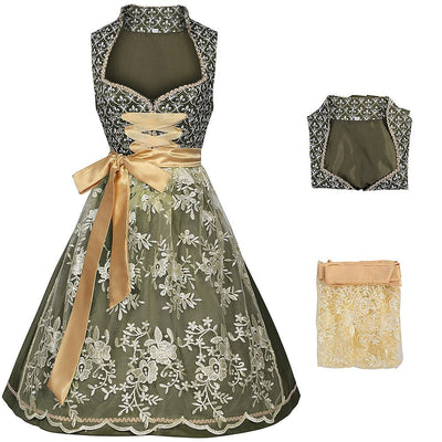 Oktoberfest Green Embroidered Dirndl Dress with Apron