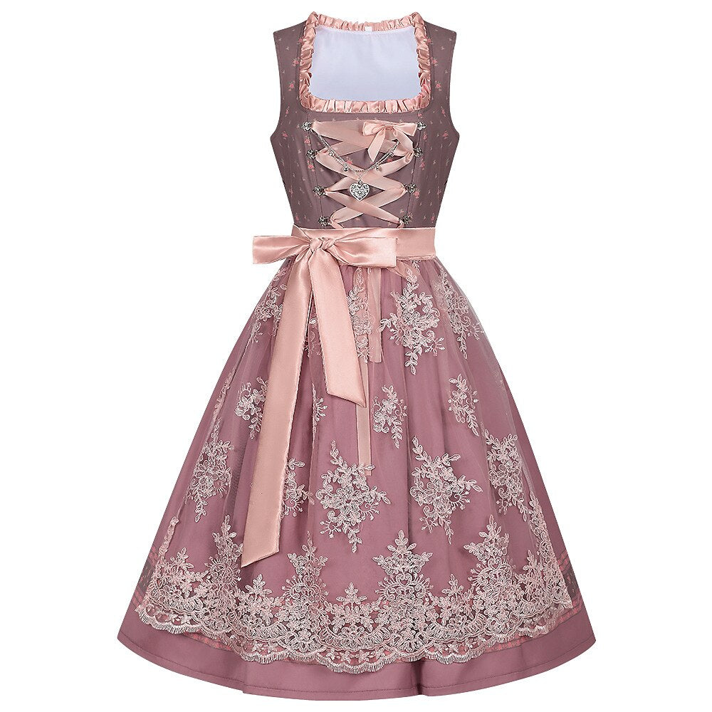 Oktoberfest Embroidery Dirndl Costume with Lace Apron