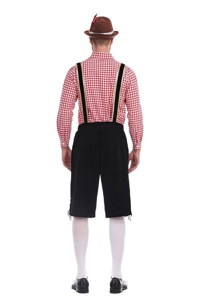 Men's Oktoberfest Costume with Embroidered Black Lederhosen, Shirt and Hat