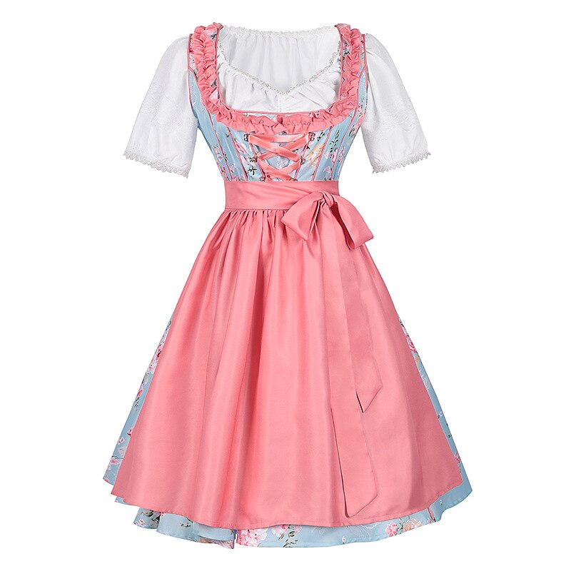 Oktoberfest Pink Floral Dirndl Dress with Apron and Blouse