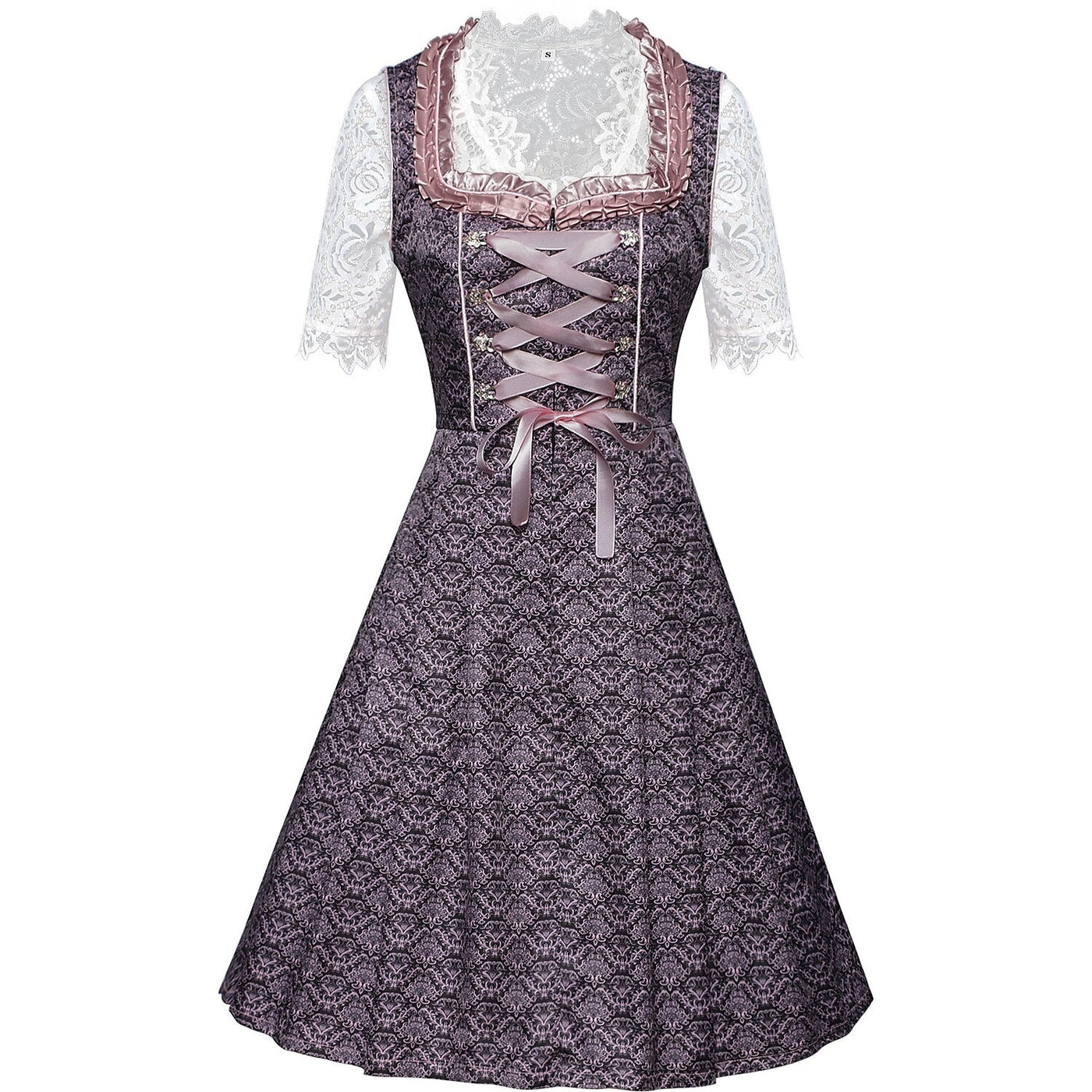 Oktoberfest Purple Embroidered Dirndl Dress with Lace Apron and Blouse