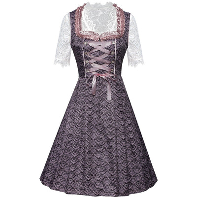 Oktoberfest Purple Embroidered Dirndl Dress with Lace Apron and Blouse
