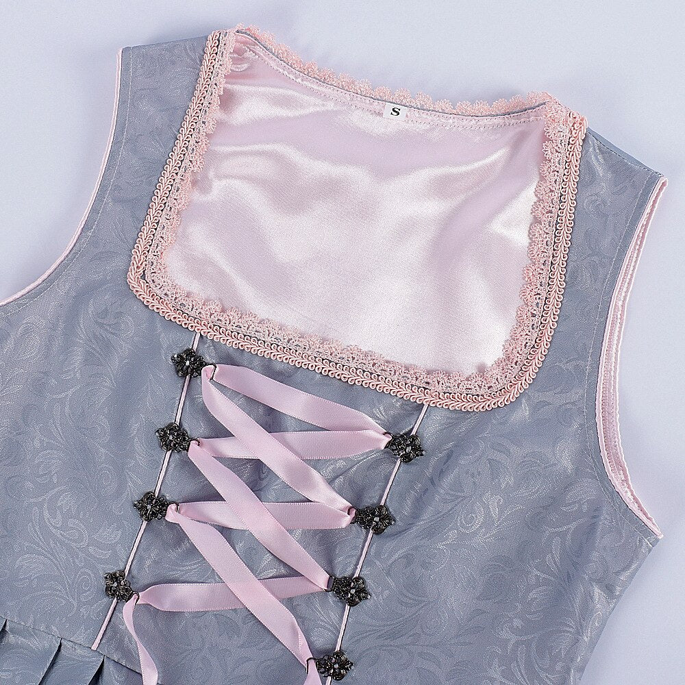 Oktoberfest Gray Dirndl Dress with Pink Lace Apron
