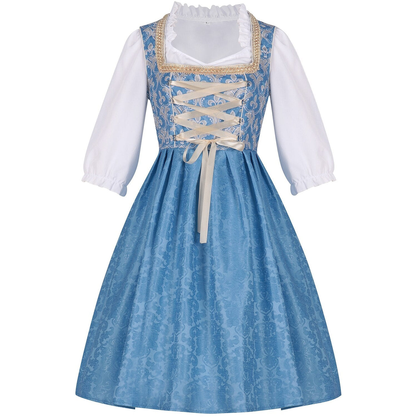 Oktoberfest Costume Blue Dirndl Dress with Blouse and Lace Apron
