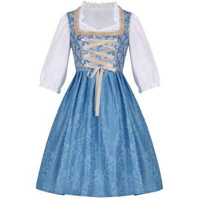 Oktoberfest Costume Blue Dirndl Dress with Blouse and Lace Apron