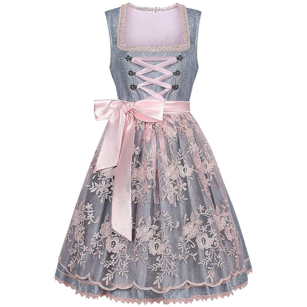 Oktoberfest Gray Dirndl Dress with Pink Lace Apron