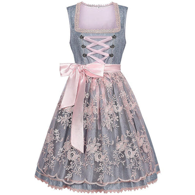 Oktoberfest Gray Dirndl Dress with Pink Lace Apron