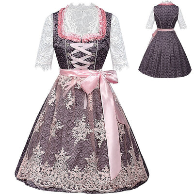 Oktoberfest Pink Embroidered Dirndl Dress with Lace Apron and Blouse