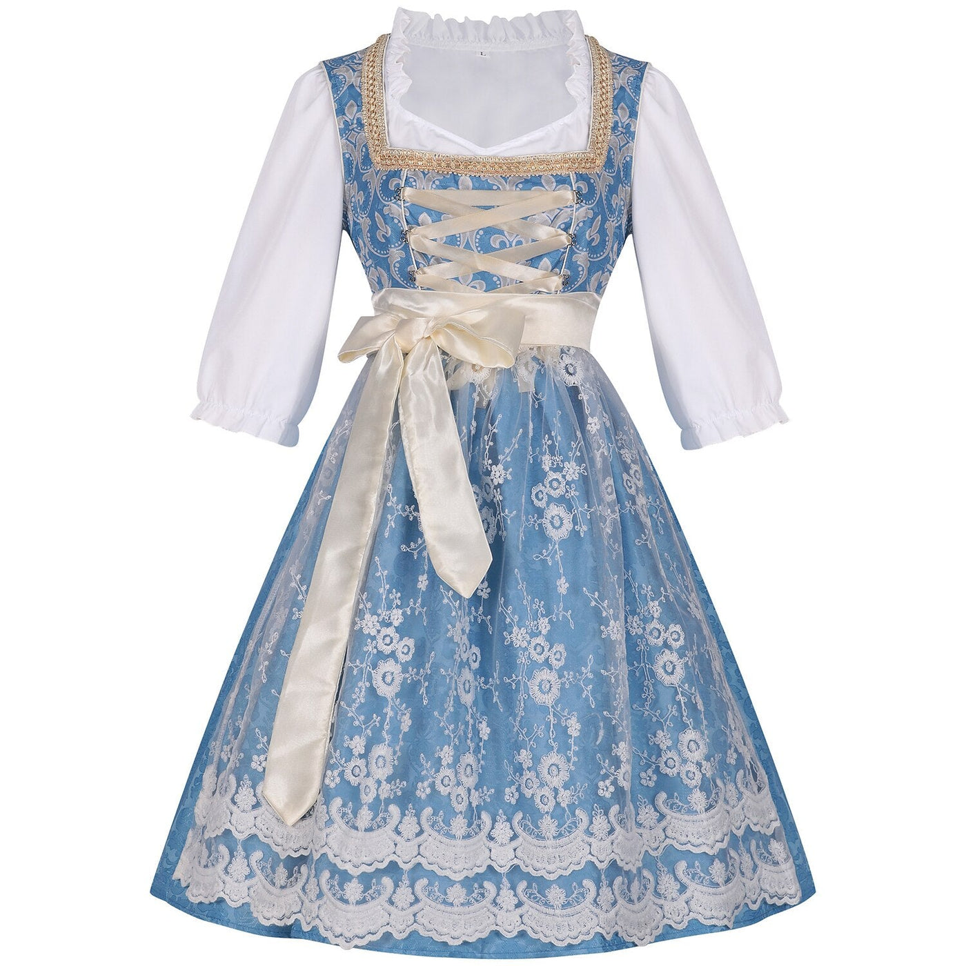 Oktoberfest Costume Blue Dirndl Dress with Blouse and Lace Apron