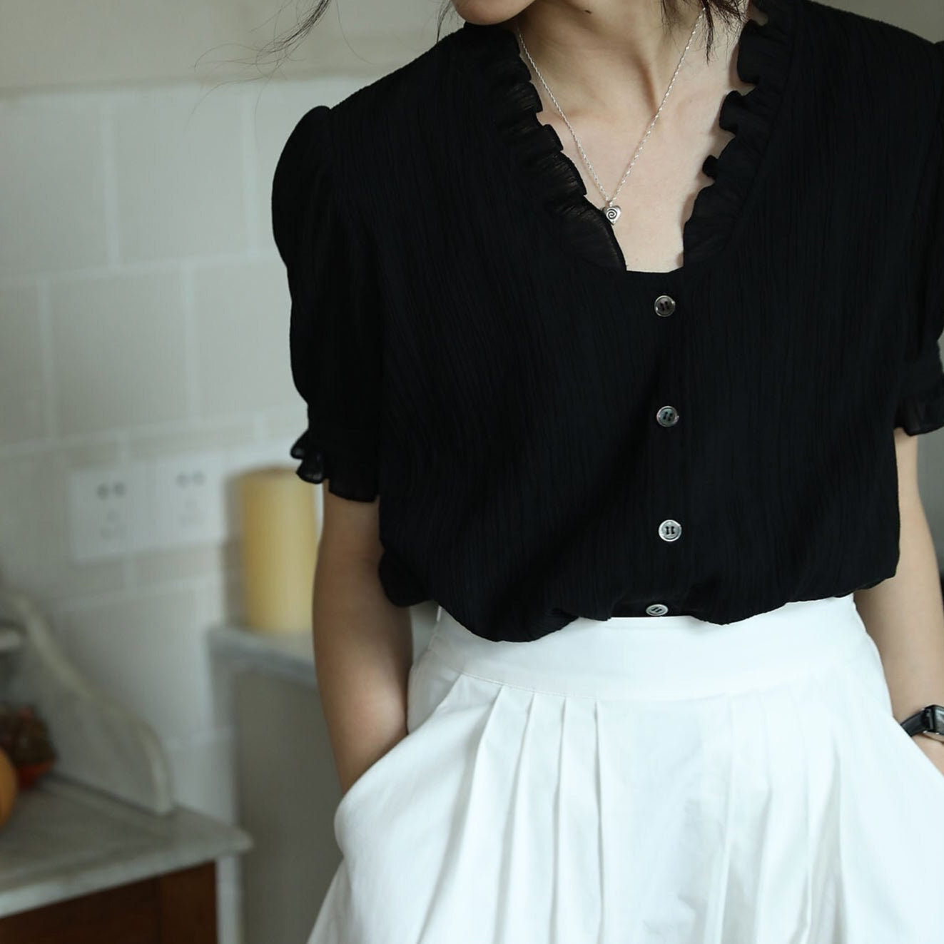 Vintage Black Ruffle V-Neck Cotton Linen Blend Blouse