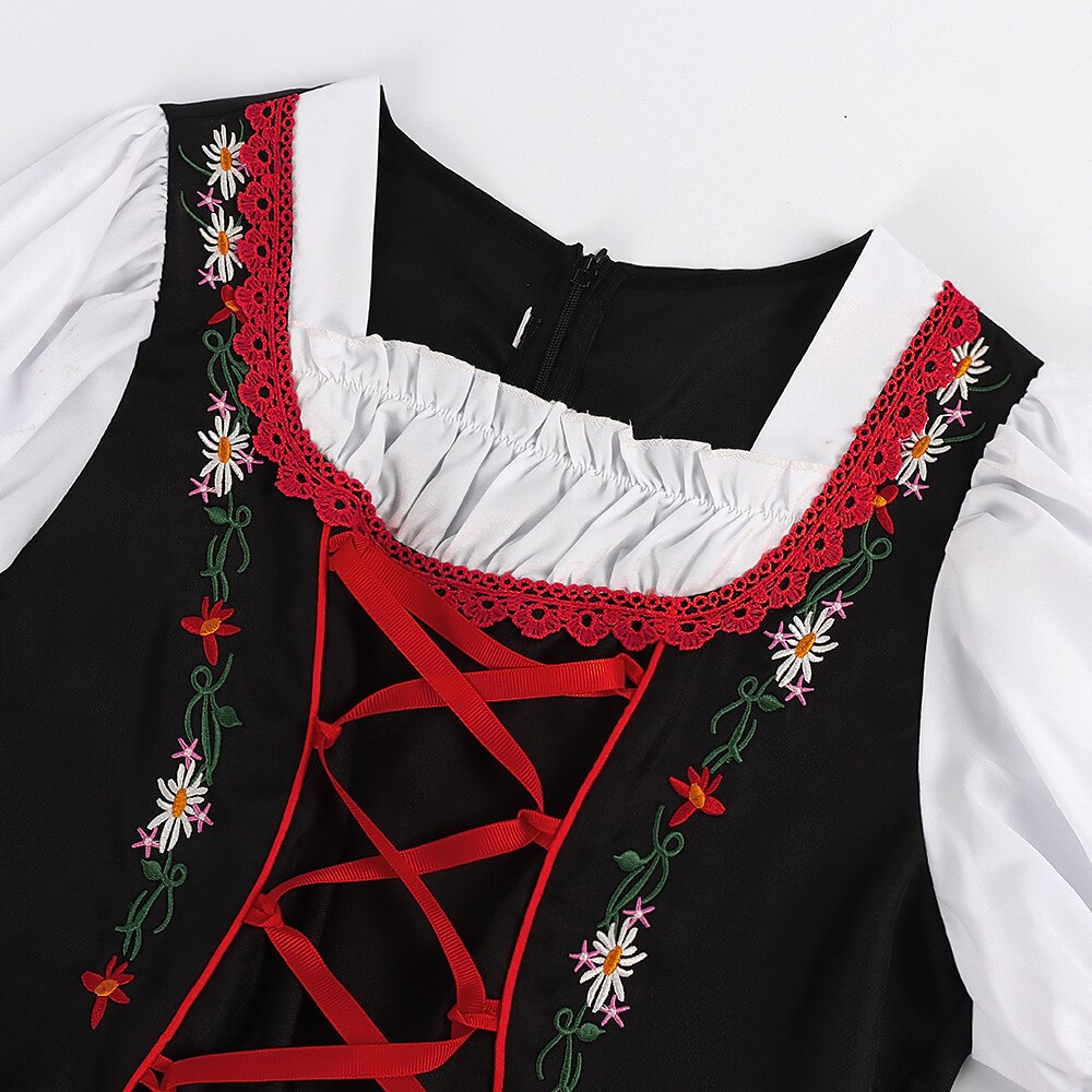 Oktoberfest Red Black Embroidered Dirndl Dress with Apron