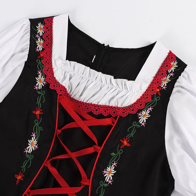 Oktoberfest Red Black Embroidered Dirndl Dress with Apron