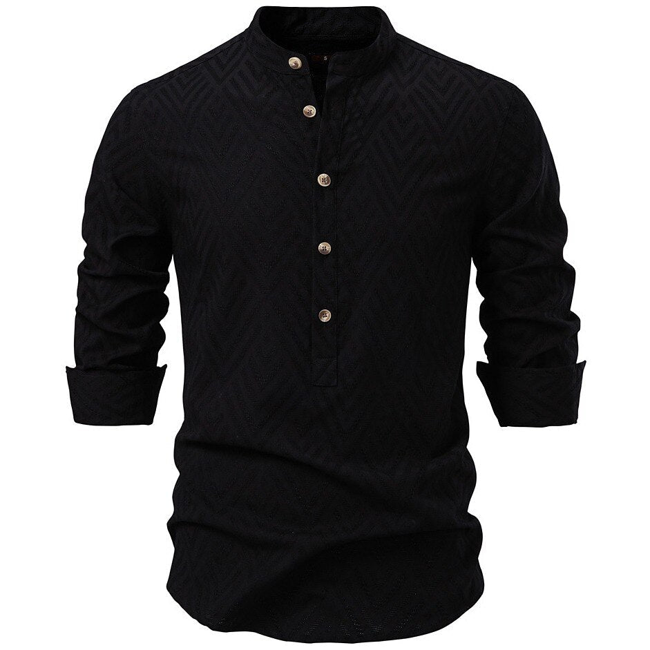 Medieval Style Textured Band Collar Tunic Shirt